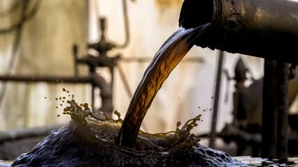 Dark crude oil powerfully gushing from a rusty industrial pipe, creating splashes.