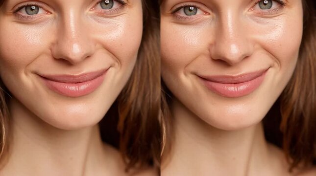 Radiant Skin: A split-screen capturing a woman's naturally beautiful skin, subtly lit, revealing a smooth complexion and a hint of a smile. This image focuses on skincare and natural beauty.