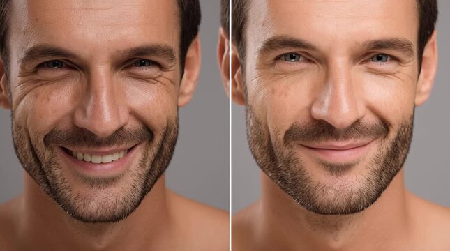 Age-Defying Transformation: A close-up split portrait showcases a man's face before and after a rejuvenating treatment, revealing a remarkable change. 
