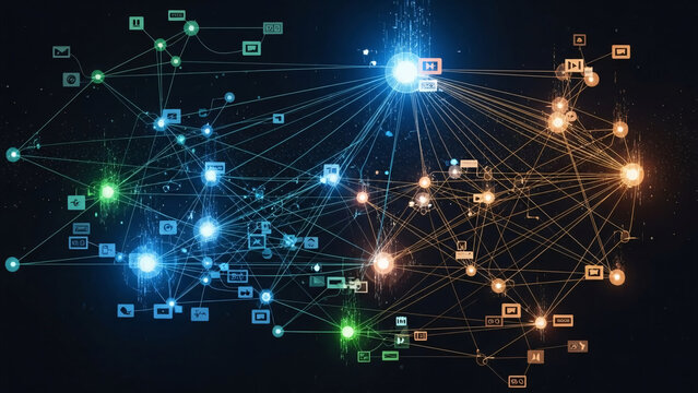 Vibrant technological network concept showing illuminated data points and connections, representing digital communication, big data, and artificial intelligence infrastructure