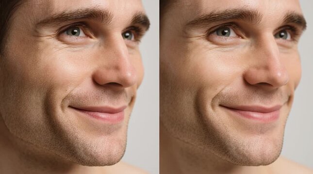 Dual Portrait of Serenity: Two captivating portraits showcasing the serene smile of a handsome individual, exuding a sense of confidence and contentment. The warm lighting highlights every detail.