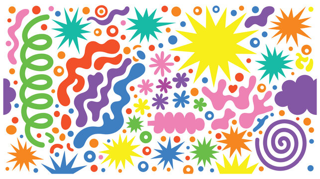 Vibrant abstract design with various colorful shapes, stars and squiggles