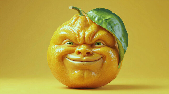Orange fruit or lemon with human face smiling against yellow background. Surreal citrus character with expressive facial features, green eyes, and leaf.