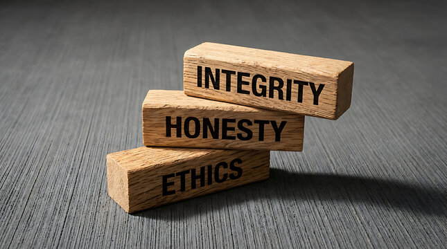 Wooden blocks with integrity, honesty, and ethics written on them
