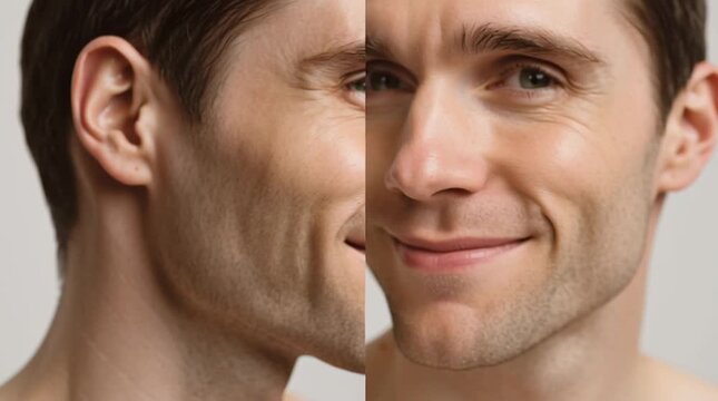Dual Portrait: A striking composition reveals a man's face from two angles, showcasing his profile and frontal view, highlighting the depth and details of his visage.
