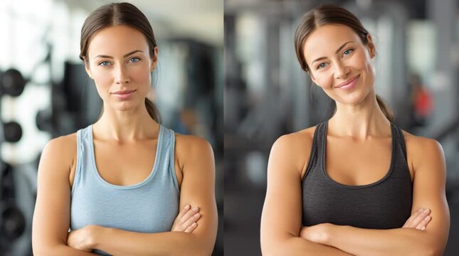 Fitness Journey: The image portrays a woman in two different athletic attires, embodying the journey of fitness, from focused determination to the glow of success.