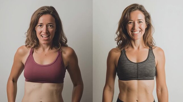 Transformation in Motion: A woman, radiating health and strength, showcases her body transformation. From initial fitness level to a more toned physique, her smile reflects joy and satisfaction. 