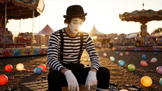 A sad mime sits alone surrounded by colorful balloons at an abandoned carnival, wearing a striped shirt and hat.