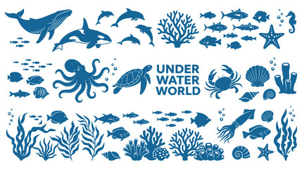 Underwater world with various sea creatures and marine plants in blue © GW