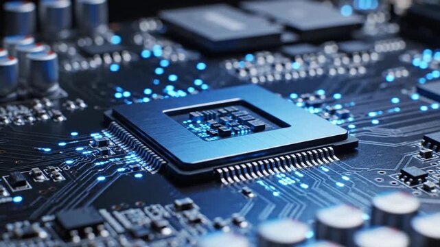 Close-up of a computer microchip on a circuit board with glowing blue lights.