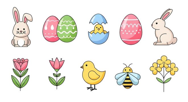 Easter themed illustrations of bunnies eggs chicks flowers and a bee