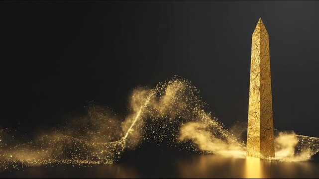 A tall, golden obelisk shines with textured detail, illuminated by a glowing trail of particles