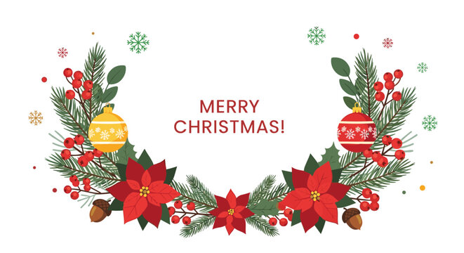 Festive Christmas wreath decorated with vibrant red poinsettias, green pine branches, ornaments, and holiday greeting text.