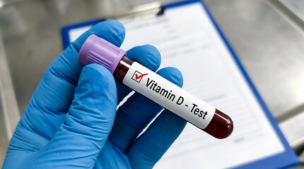 Fototapeta premium Medical professional holding Vitamin D test tube for analysis