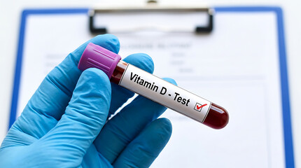 Fototapeta premium Gloved hand holding blood sample for Vitamin D test