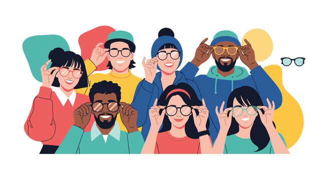 Large group of diverse people putting on different styles of eyeglasses to find the perfect pair for their unique vision.