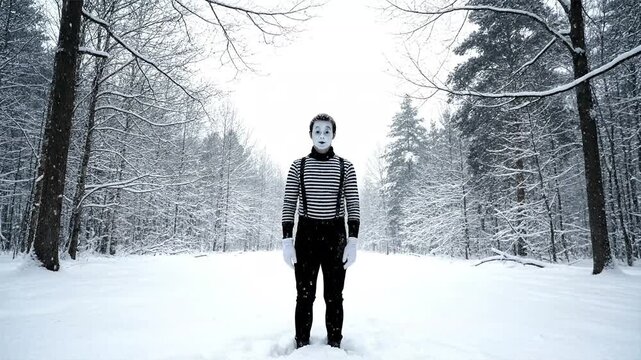 A sad mime standing alone in a serene snowy forest landscape, surrounded by bare trees and snow-covered evergreens, viewed from a slight distance