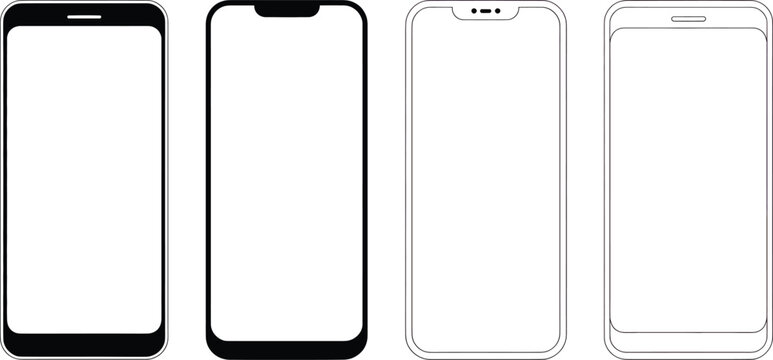 Collection of minimalist vector mobile phone templates showcasing sleek design and clean outlines, perfect for user interface prototyping and responsive web design mockups