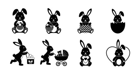 Fototapeta premium Collection of eight black and white bunny illustrations
