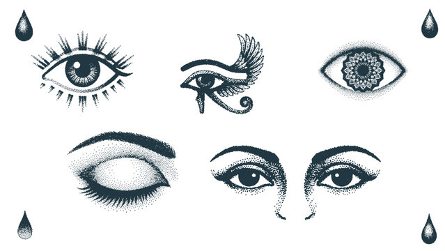 Diverse Eye Style Illustration Set Including Egyptian and Mystical Designs for Tattoo Spiritual and Creative Art Projects