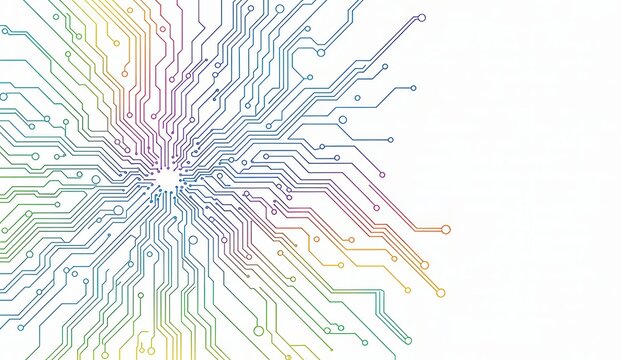 Neon light effect colorful circuit board design with rainbow lines on white background