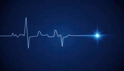 Obraz premium Neon light effect blue electrocardiogram with a glowing star on a dark background
