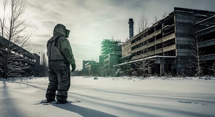 Obraz premium Person in a protective hazmat suit standing in a snowy abandoned industrial area with ruined buildings and a factory in a post-apocalyptic winter landscape