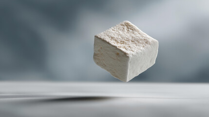 Single white marshmallow floating in mid-air against a soft gray background, minimalist food photography concept, smooth texture detail, with copy space