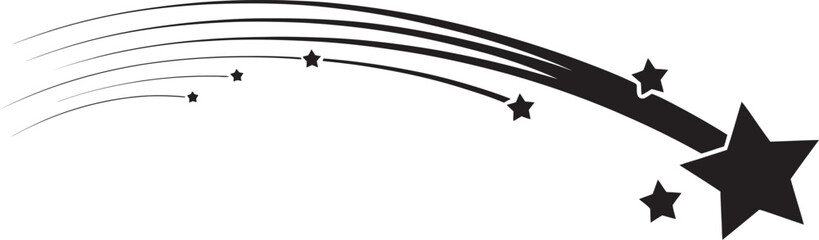 Stylized black shooting star graphic with trailing lines and smaller stars isolated on transparent background © Jeasmin