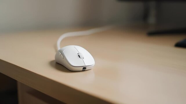A white wired computer mouse rests on a clean wooden desk, its cable trailing toward a blurred monitor in the background, soft daylight highlighting the smooth surface and minimal workspace.