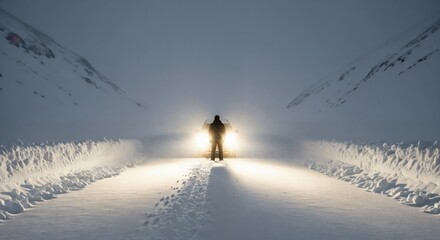 Silhouette of a man standing in front of car headlights on a snowy mountain road at night during a winter blizzard