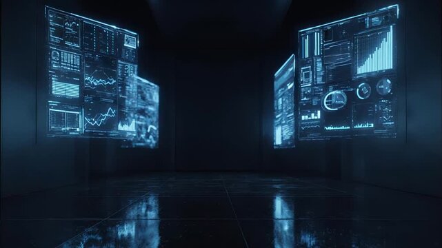A dim, futuristic corridor features two floating holographic dashboards on opposite walls, glowing blue with charts and metrics, their reflections shimmering across the polished floor.