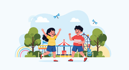 Naklejka premium Children playing happily in colorful amusement park with carousel and ferris wheel under bright sunny sky with flying dragonflies.