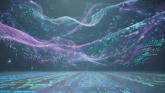 Shimmering ribbons of light sweep across a vast digital grid, as floating symbols and code fragments drift in the air, evoking a futuristic data stream and immersive virtual landscape.