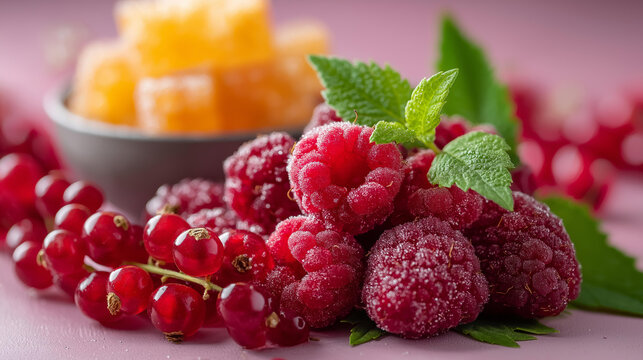 Vibrant assortment of fresh raspberries, red currants, and a sugary orange candy arranged on green mint leaves against a soft pink background, colorful berry concept, with copy