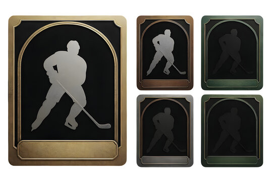 Hockey player silhouettes on metallic award plaques