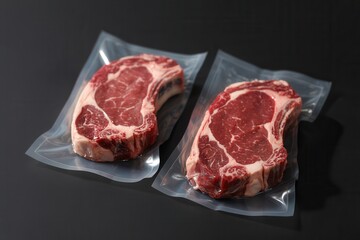 Fototapeta premium Neon light effect two raw steaks in vacuum sealed plastic bags on black surface