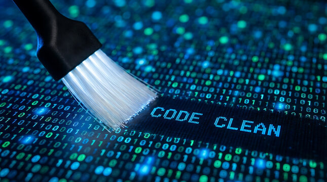 Cleaning code with a brush on a digital screen with binary code