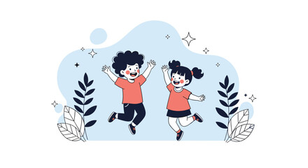 Obraz premium Cheerful young boy and girl jump with excitement surrounded by stars and plants in a simple and clean cartoon illustration.