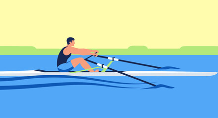 Male athlete rowing a single scull boat on the water. © siti