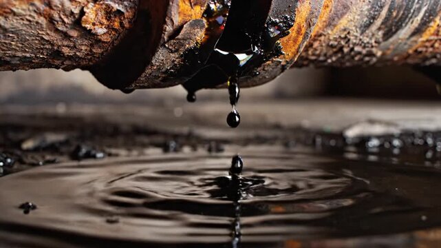 Oil leaking from rusty pipe into water, creating ripples, industrial background