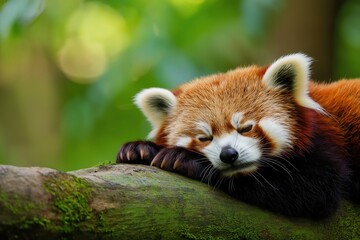 Obraz premium Red panda resting peacefully on a tree branch, finding comfort and tranquility in its natural habitat, symbolizing wildlife conservation