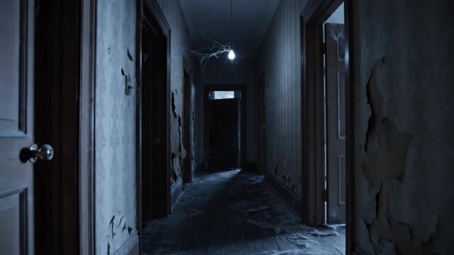 A shadowy, unsettling hallway evokes a sense of mystery and isolation, perfect for illustrating suspense, psychological themes, or a haunted setting.