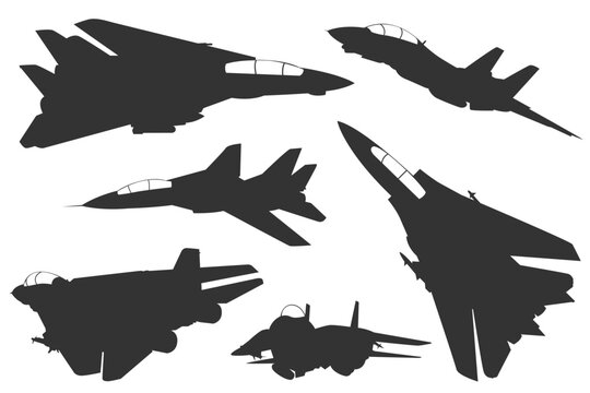 F-14 Tomcat silhouette bundle with multiple vangles. Clean black and white vector pack of fighter aircraft designs. Monochrome interceptor asset jet F14 from united states.