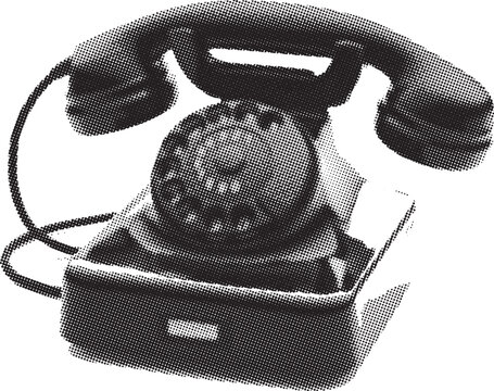 Classic black rotary dial telephone with cord and receiver.