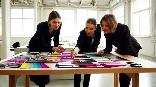 Three designers in black suits lean over a large table covered with colorful fabric swatches and samples, discussing choices in a bright, high-ceilinged studio with natural light.
