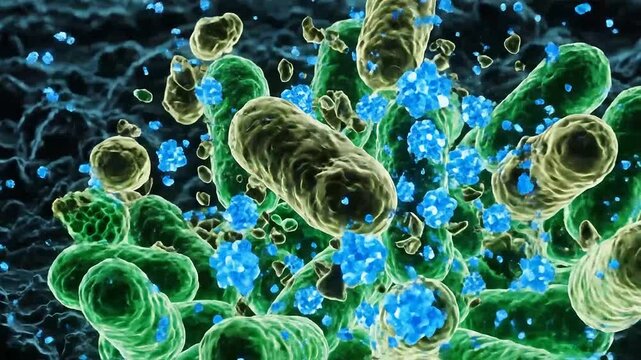 Dynamic microscopic world showing diverse bacteria interacting with active particles, illustrating vital microbial processes and cellular dynamics in a complex biological environment