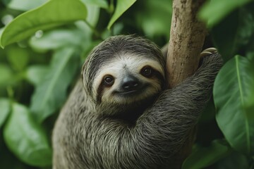 Fototapeta premium Sloth hanging from tree branch, smiling gently at camera in a serene rainforest close-up portrait, relaxed and adorable face