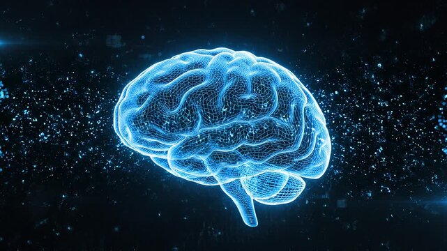 Glowing brain illustration floats amidst sparkling particles in dark space
