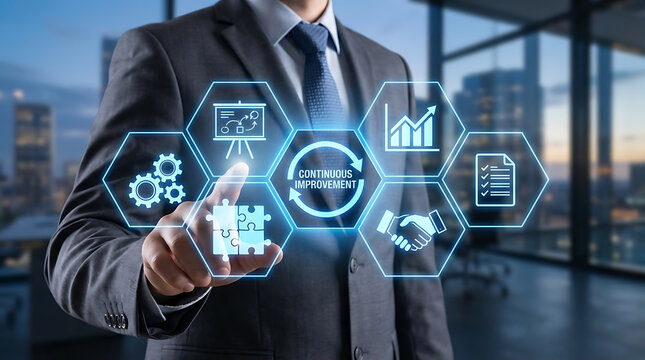 Businessman presenting continuous improvement strategy with futuristic interface